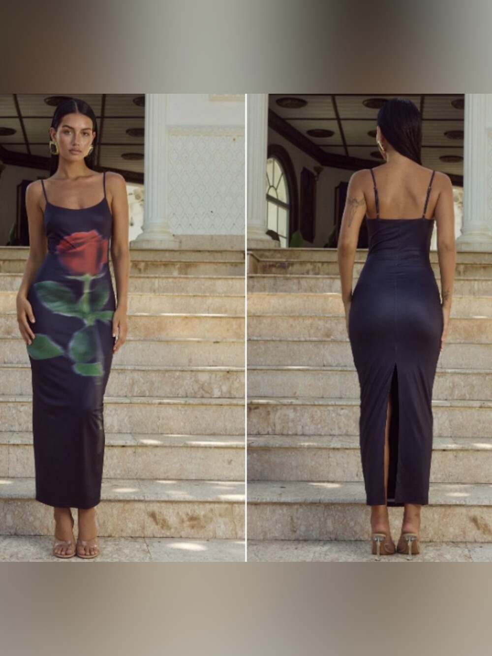 Black Satin Midi Dress with Red Rose Print